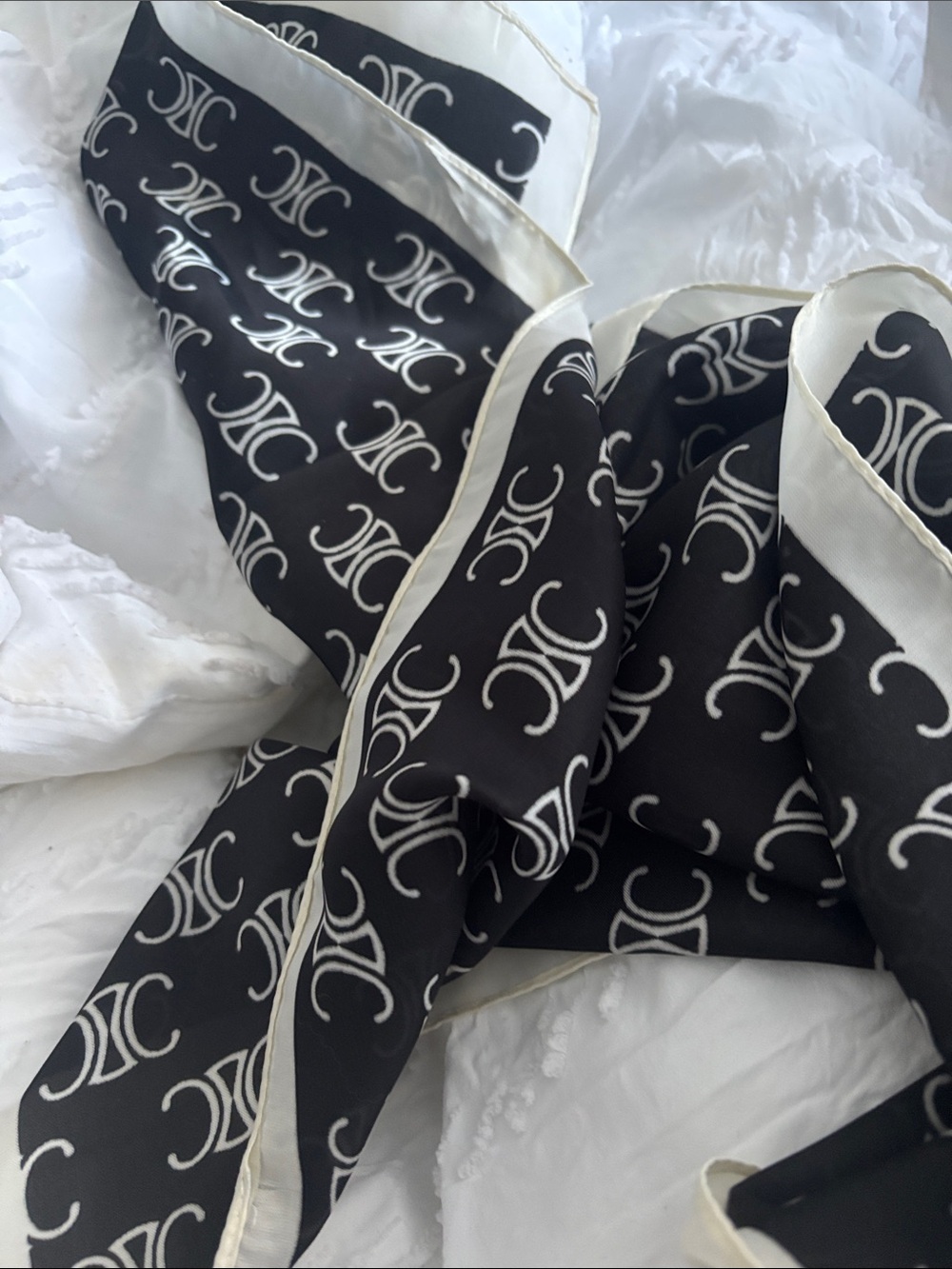 Vintage Black and Cream Monogram Silk Scarf - Picture 5 of 7